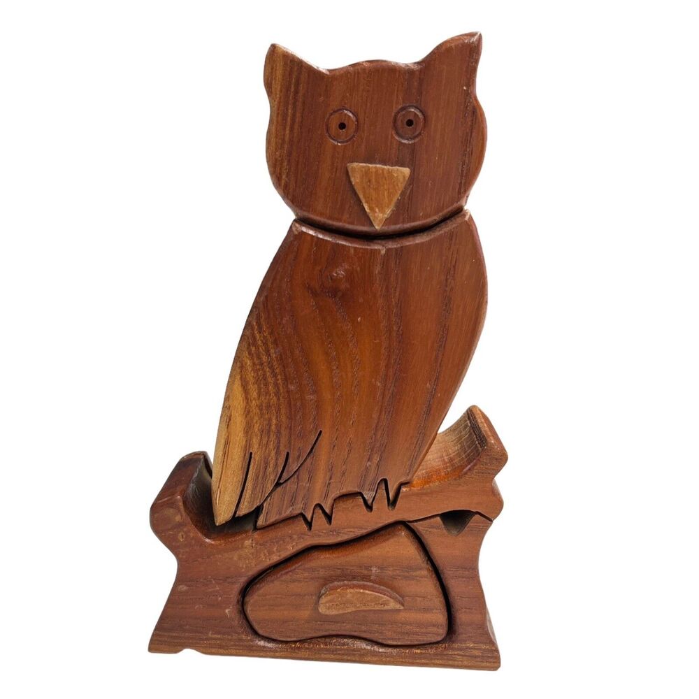 Hand-Carved Wooden Owl Puzzle Box 2- Pieces Hidden Drawers Jewlery Box‎
